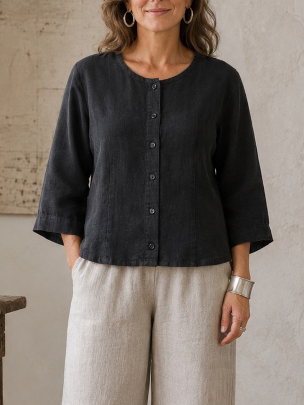 FLAX 100% Linen Cropped Boxy Button up Top Black 3/4 Sleeve Lagenlook Minimalist